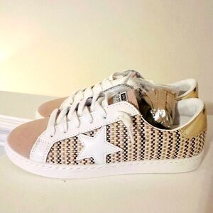 Vintage Havana Tweed Tan and Gold Carla Star Sneakers New
